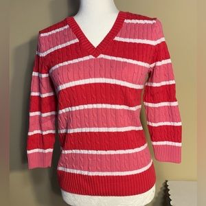 EUC Sweater: Striped Pink, Dark Pink, & White, 2/3-Sleeve, Pullover, V-Neck